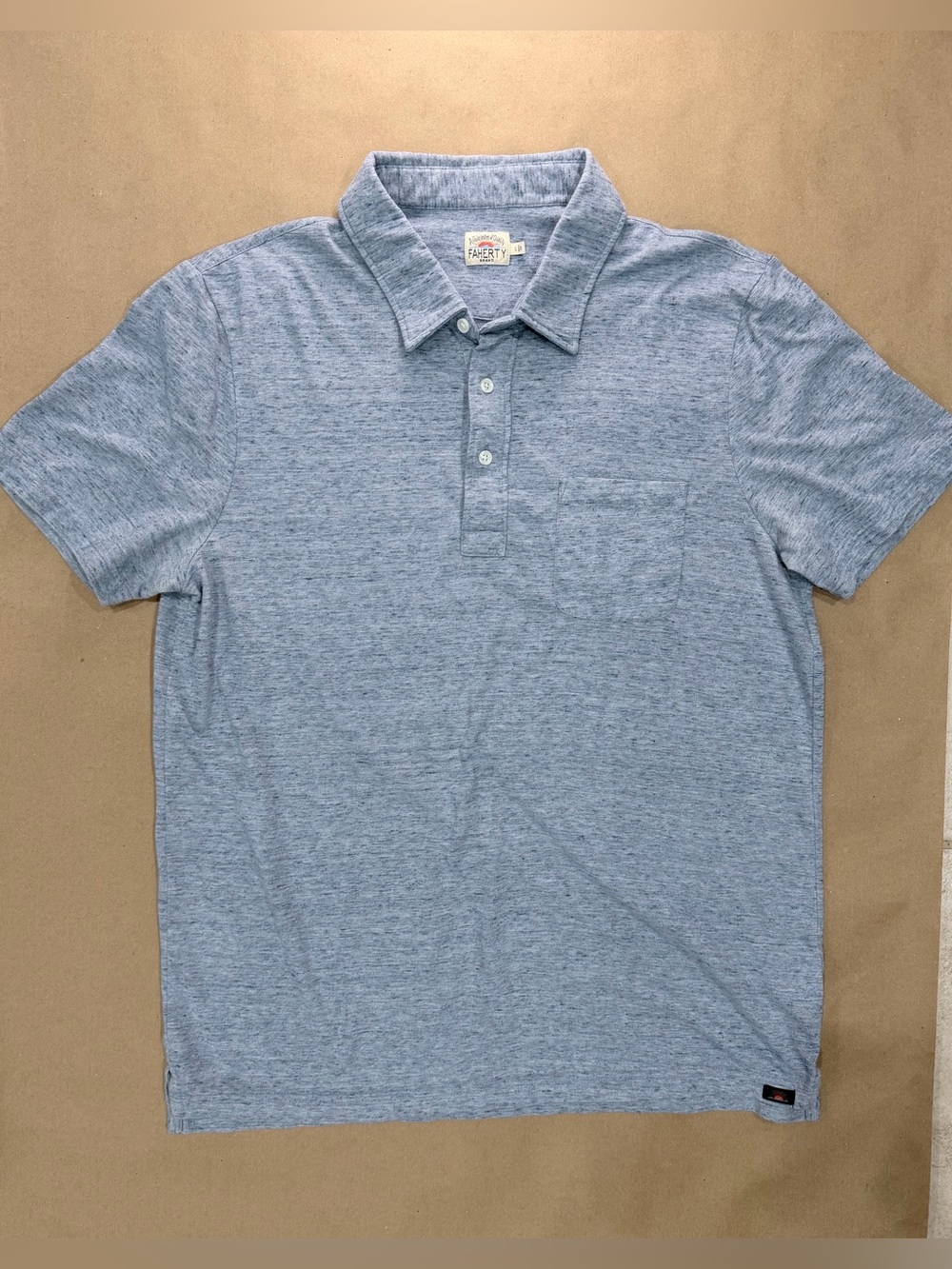 Faherty Short‑Sleeve Polo – Men’s L Light Blue Heather Cotton/Poly Shirt